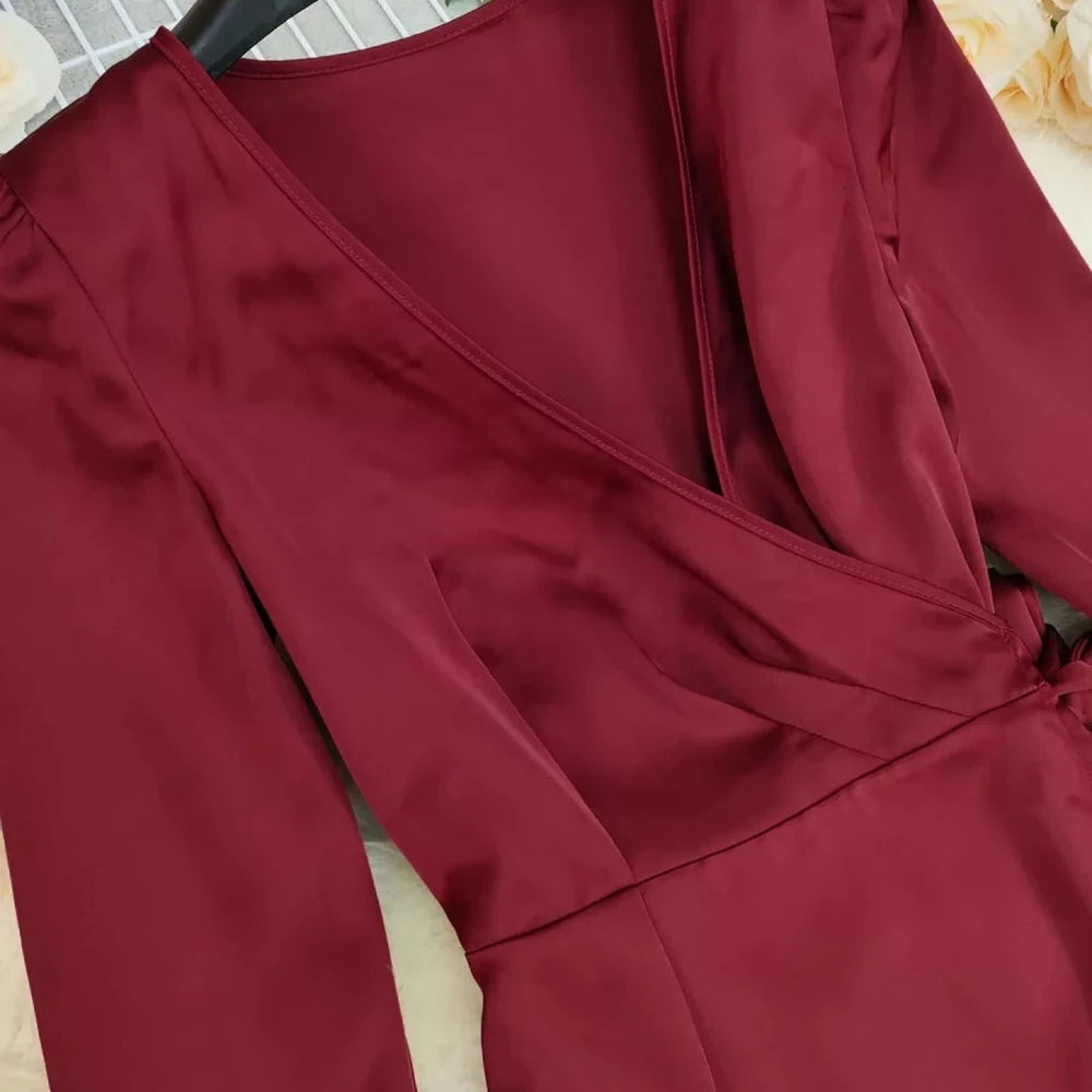 Surplice Satin Long Sleeve Maxi Dress