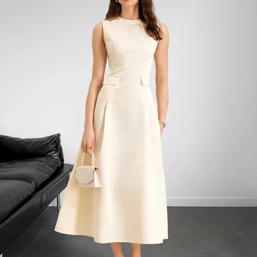 Sleeveless A-Line Midi Dress with Pockets