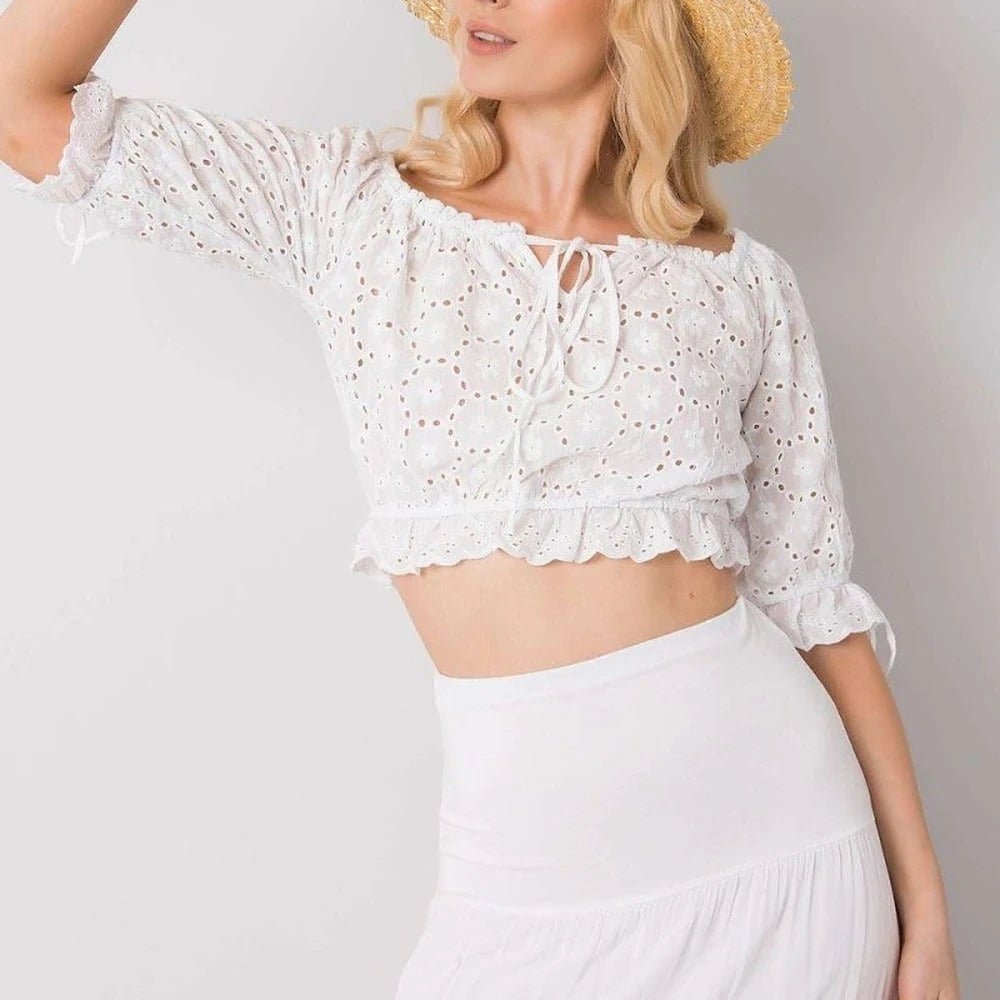 Openwork Cotton Short Sleeve Blouse