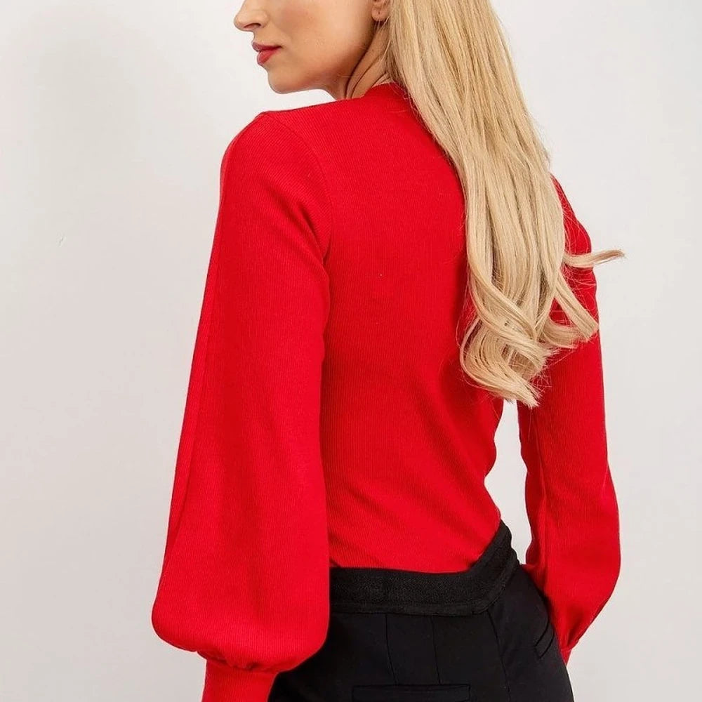 Ribbed Blouse with Long Sleeves and Wide Cuffs