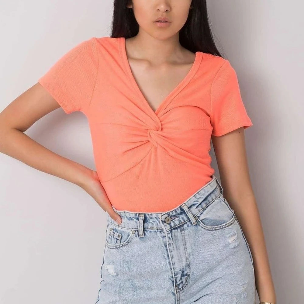 Ribbed Knot Blouse with Heart Neckline