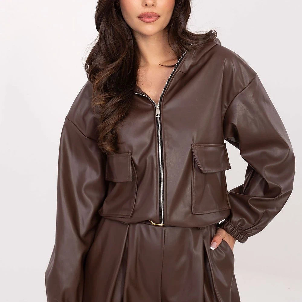 Short Eco-Leather Jacket - Brown