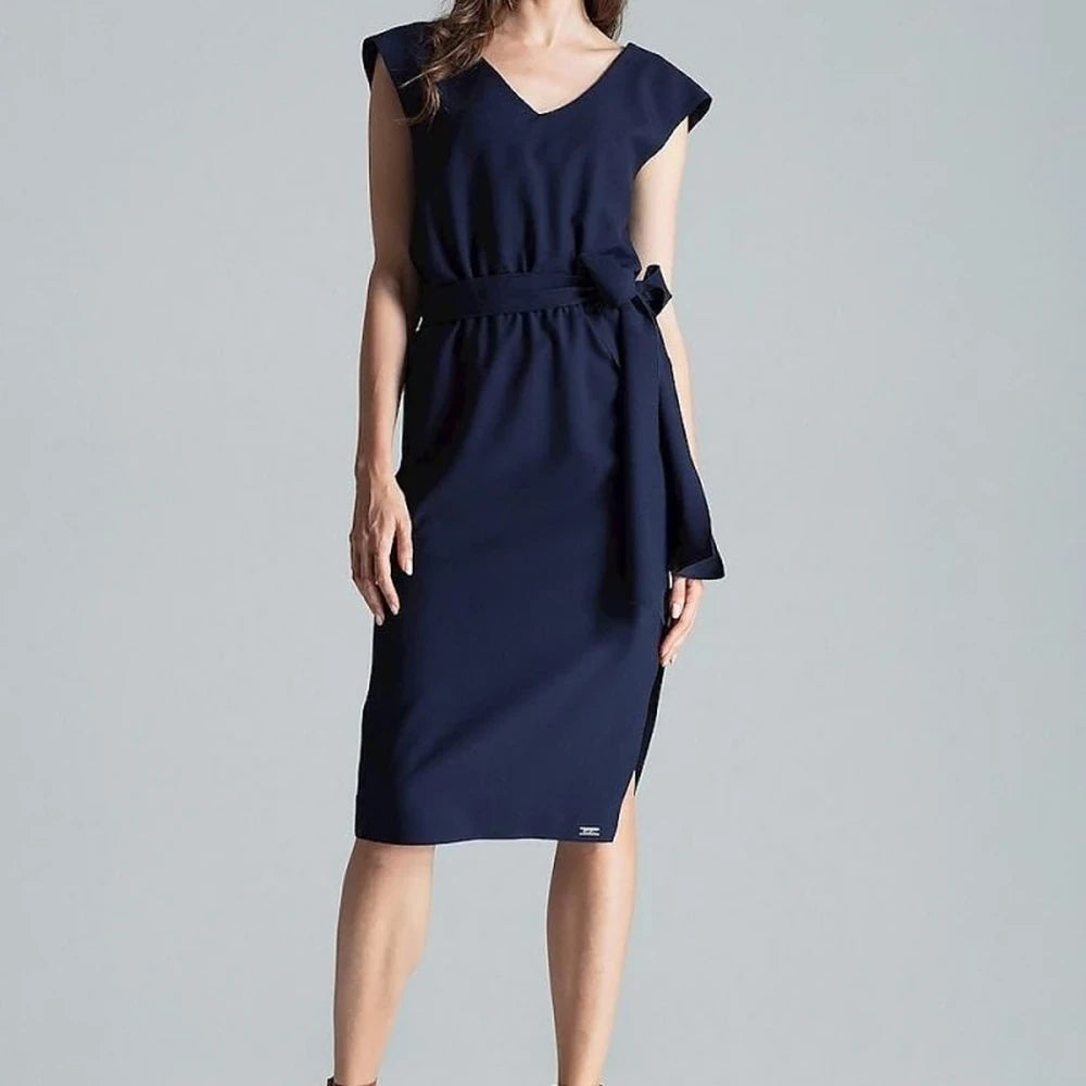 Navy Blue V-Neck Midi Dress