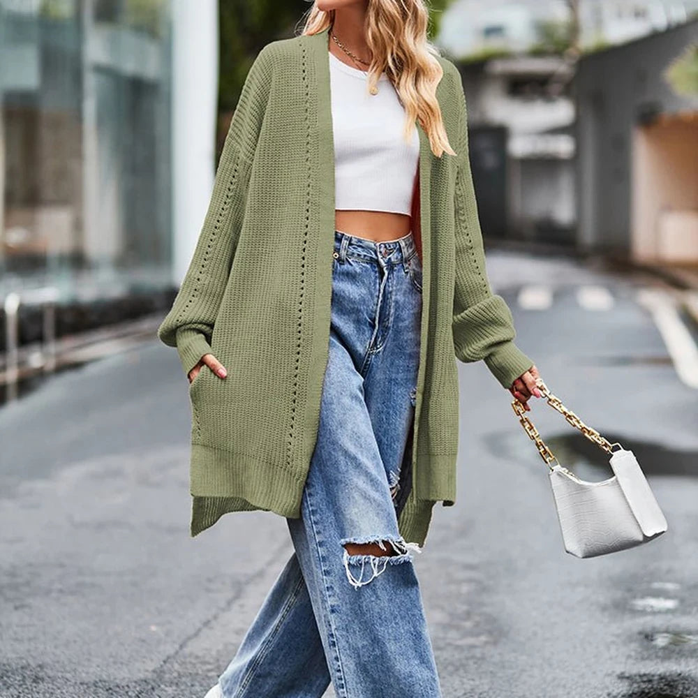 Long Sleeve Waffle-Knit Cardigan