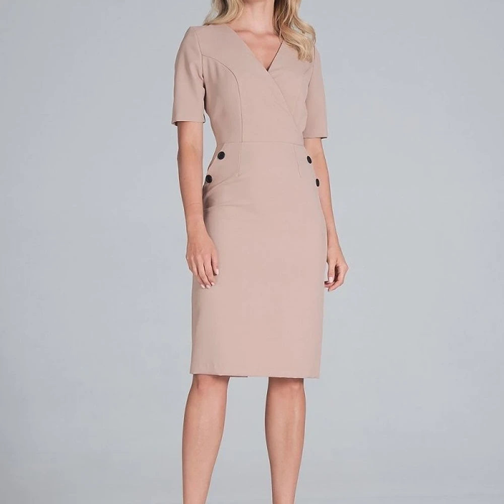 Midi Pencil Dress with Envelope Neckline