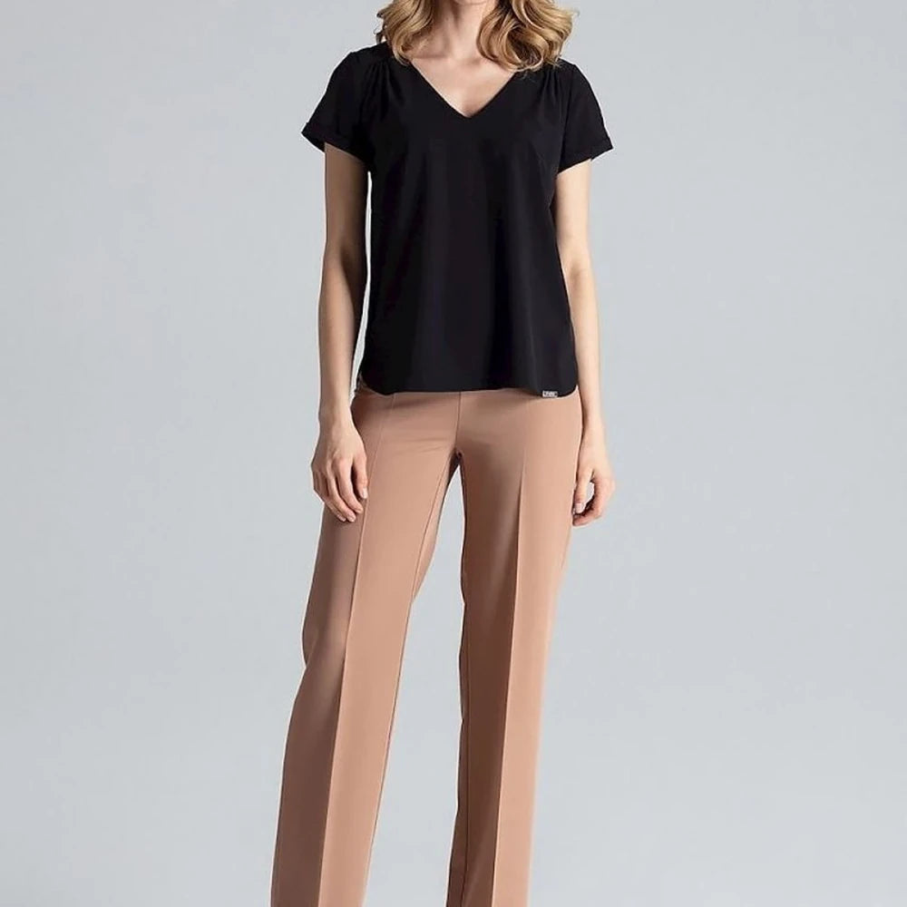 Heart Neck Blouse with Cuffed Short Sleeves