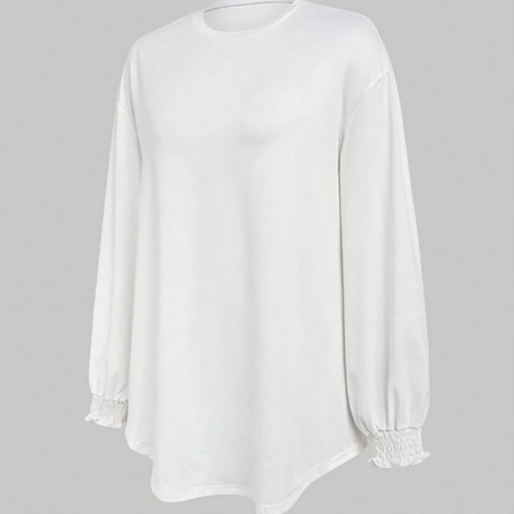 Smocked Cuff Round Neck Long Sleeve T-Shirt