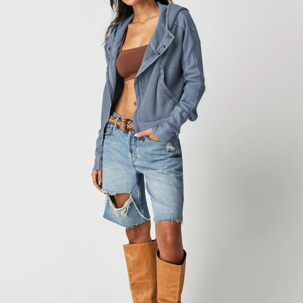 Waffle Knit Hooded Jacket with Dropped Shoulders