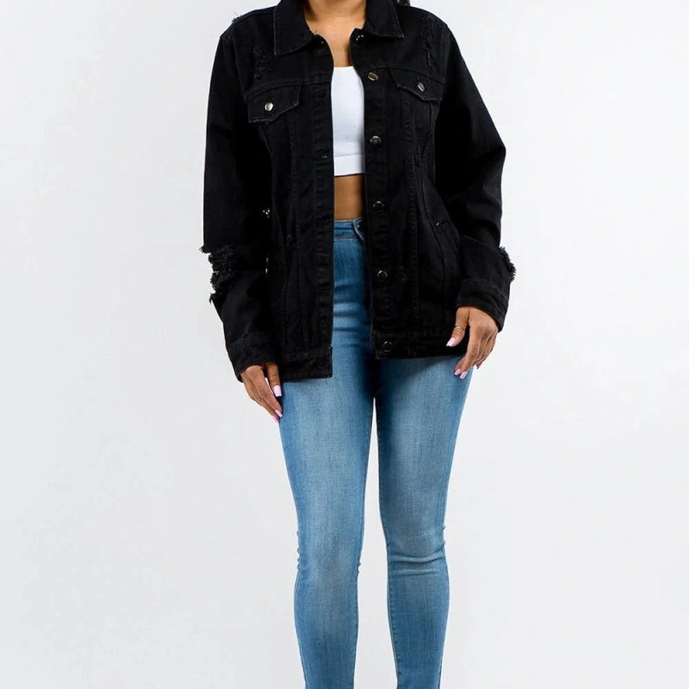 Distressed Black Denim Jacket - Cotton Blend