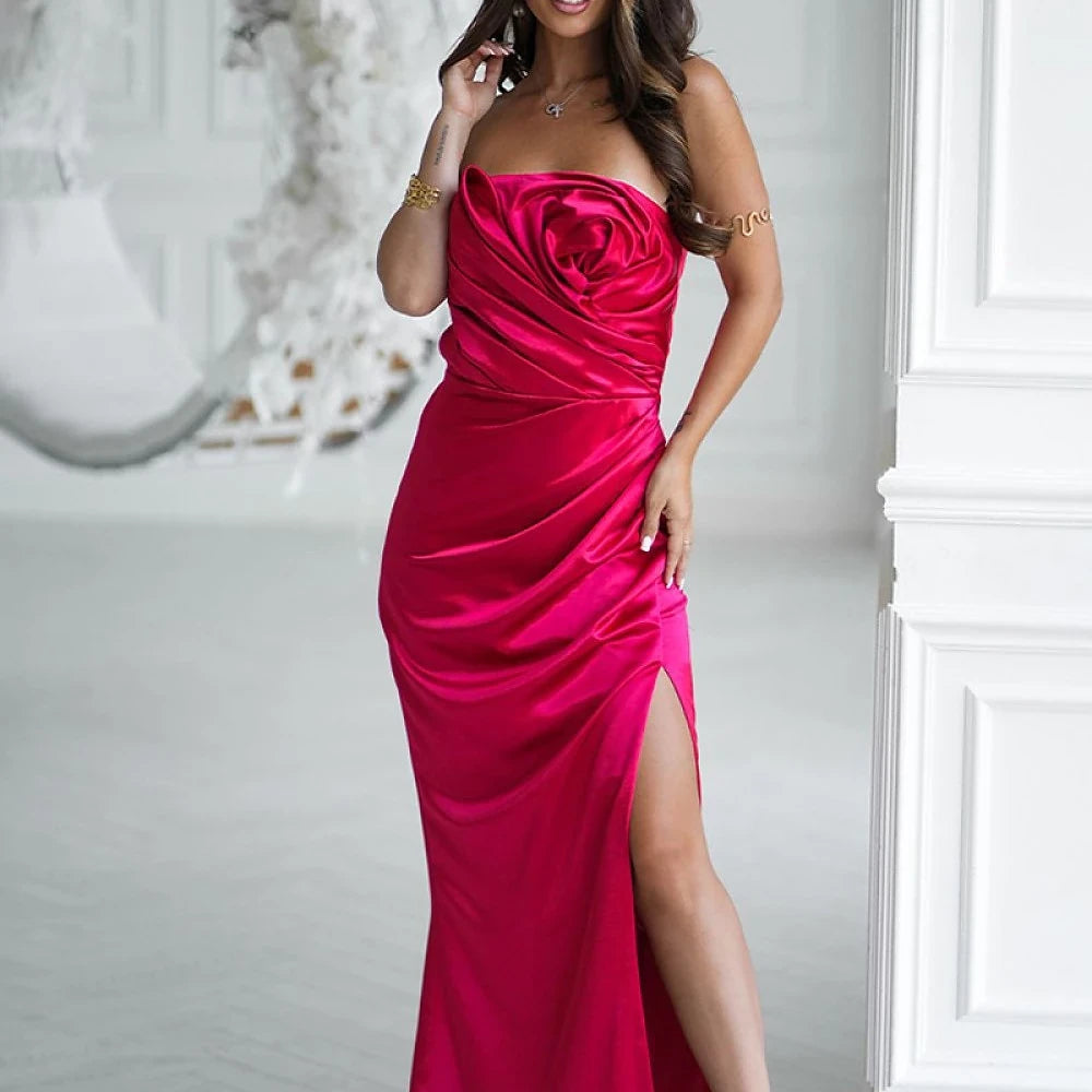 Shiny Satin Strapless Long Dress