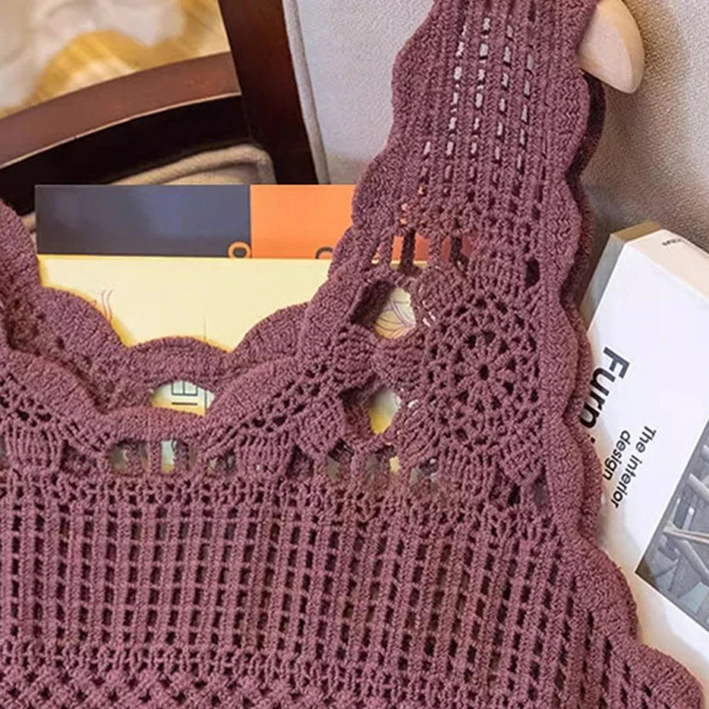 Cream Openwork Scoop Neck Cotton Tank