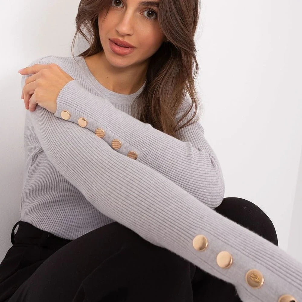 Ribbed Knit Sweater with Sleeve Buttons
