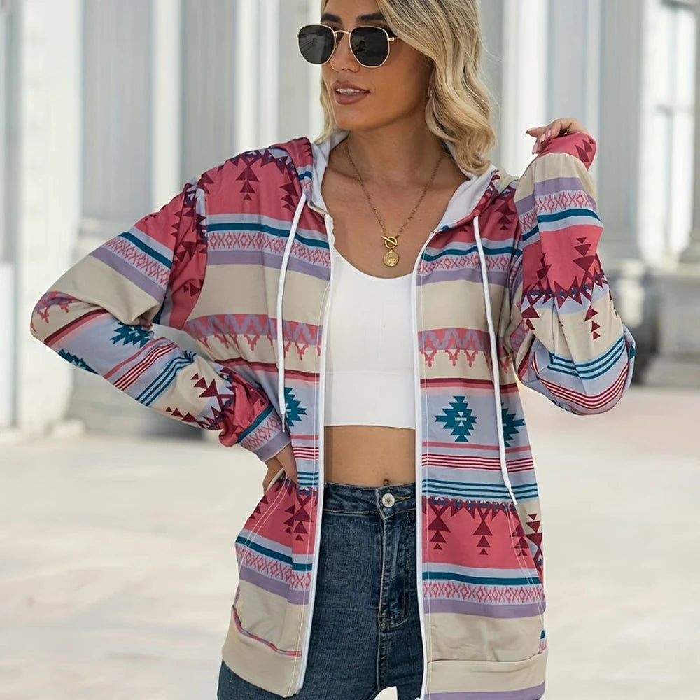 Geometric Zip Up Hooded Jacket