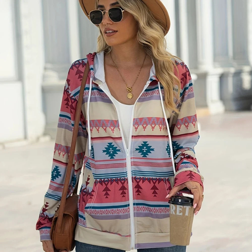 Geometric Zip Up Hooded Jacket