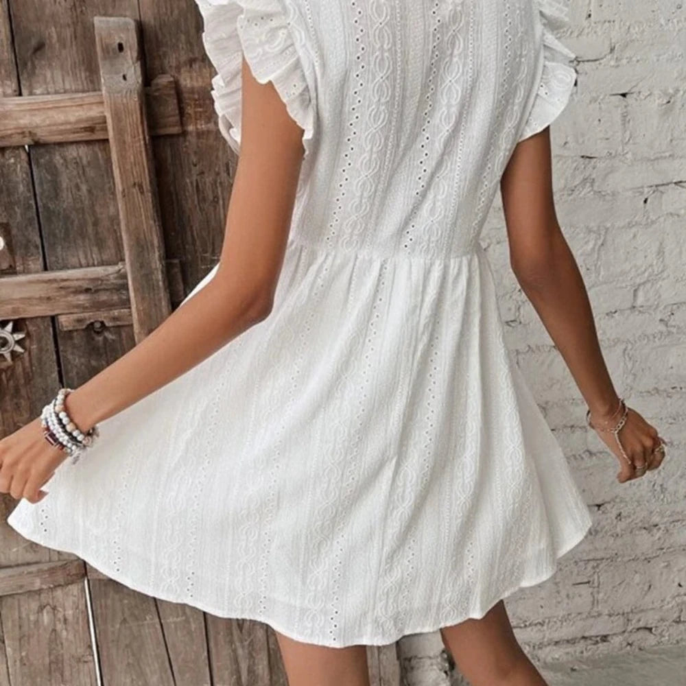 Women's Eyelet Ruffled Cap Sleeve Mini Dress