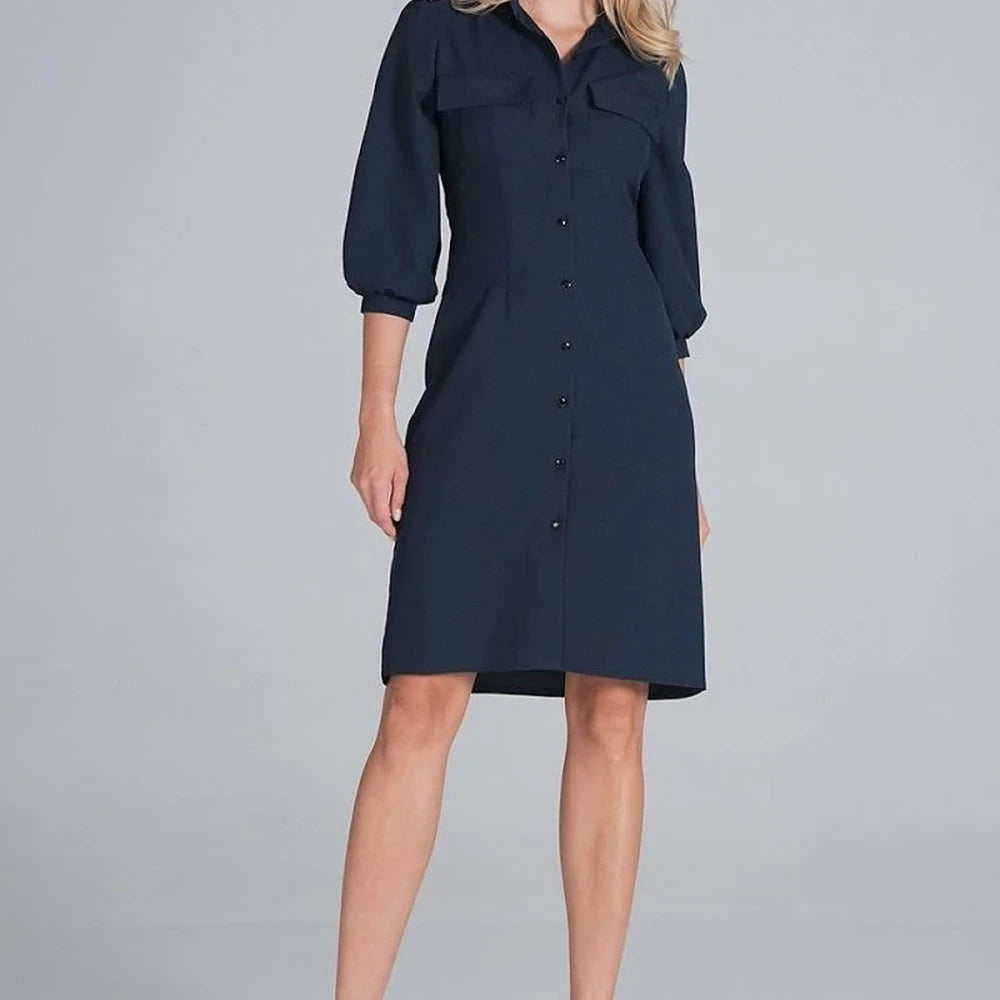 Midi Shirt Dress with Collar and 3/4 Sleeves