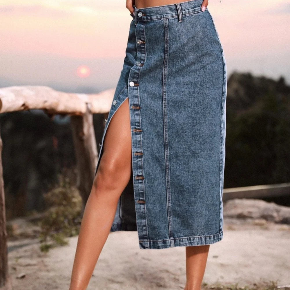 Button Down Denim Skirt with Belt