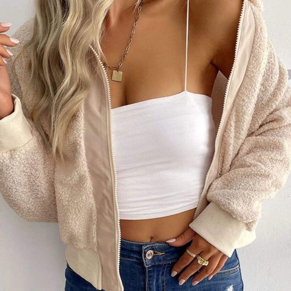 Sherpa Zip-Up Collared Neck Cropped Jacket