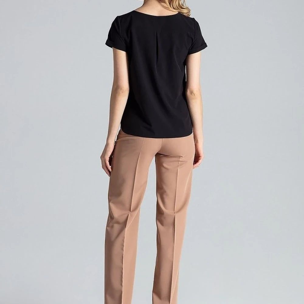 Heart Neck Blouse with Cuffed Short Sleeves