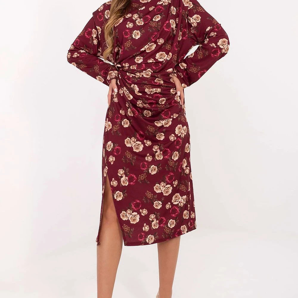 Midi Dress with Floral Pattern and Long Sleeves