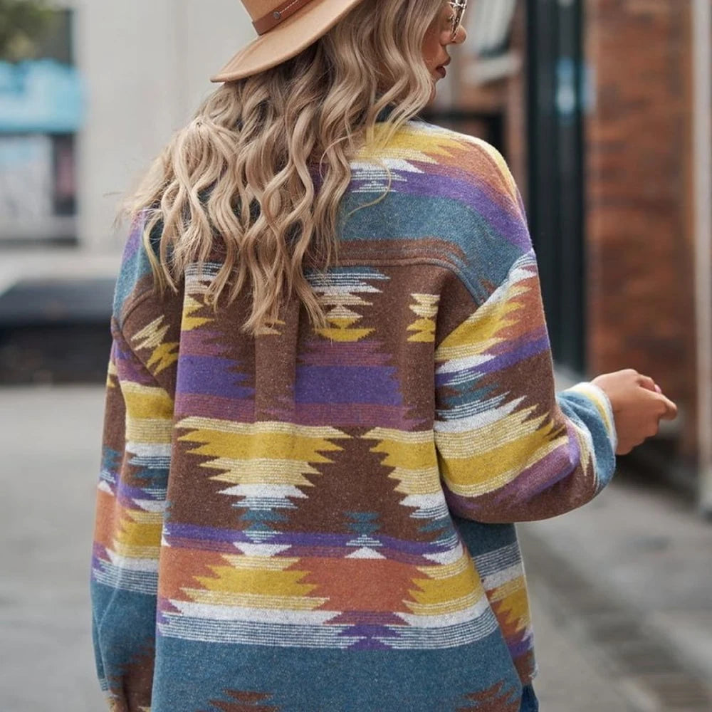 Printed Collared Neck Long Sleeve Casual Jacket