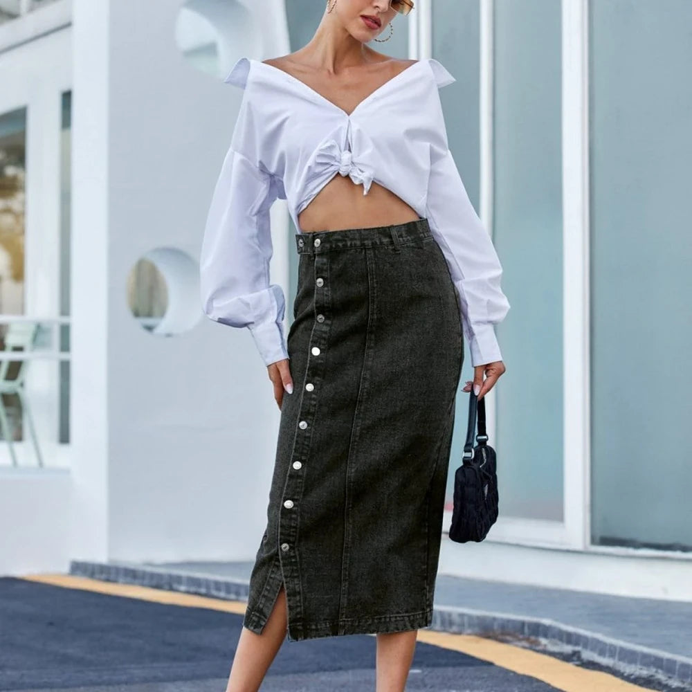 Button Down Denim Skirt with Belt