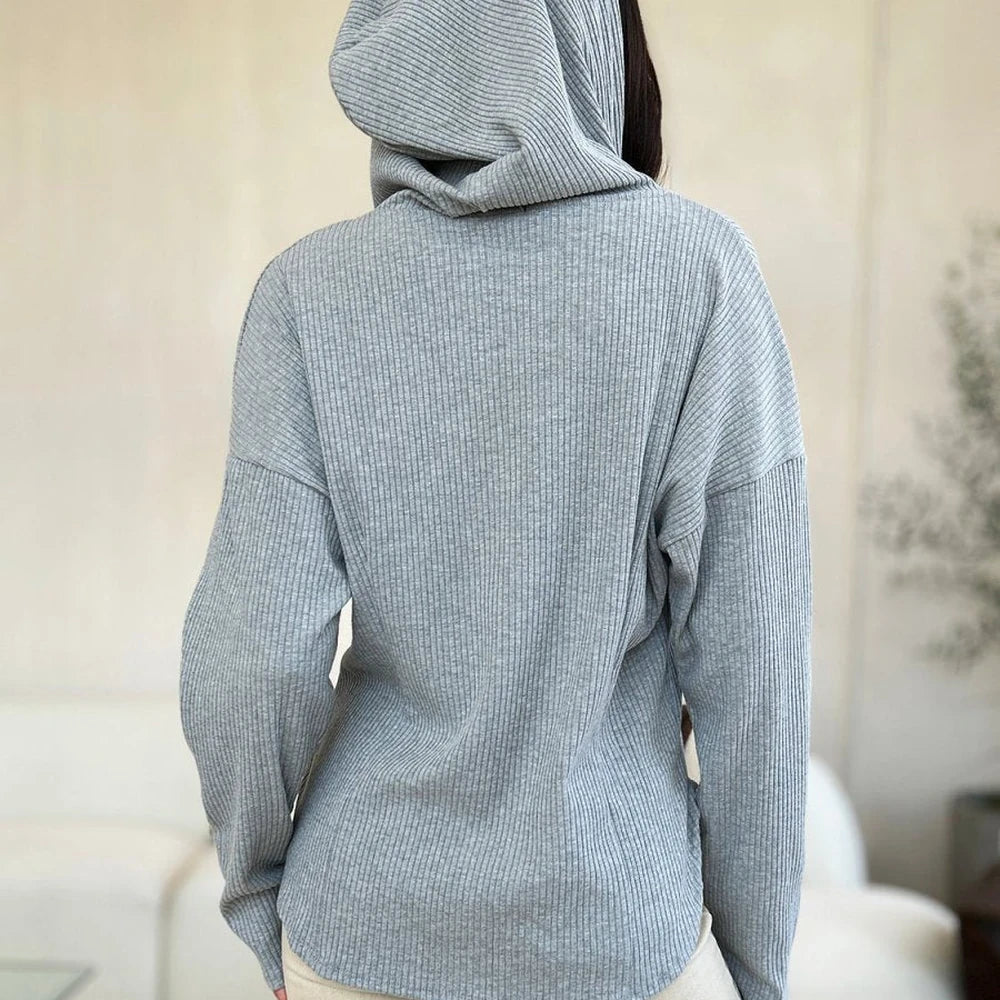 Ribbed Zip-Up Drawstring Hooded Jacket