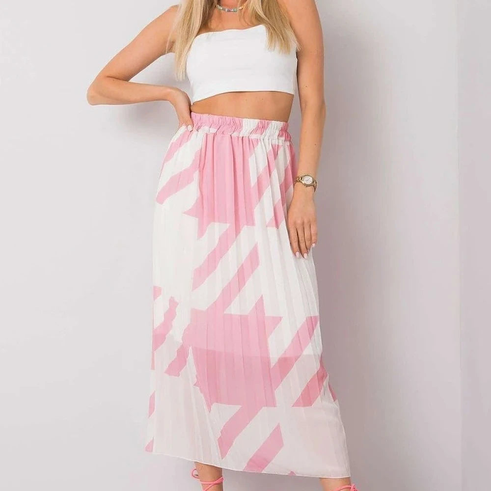 Patterned Pleated Midi Skirt with Elastic Waist