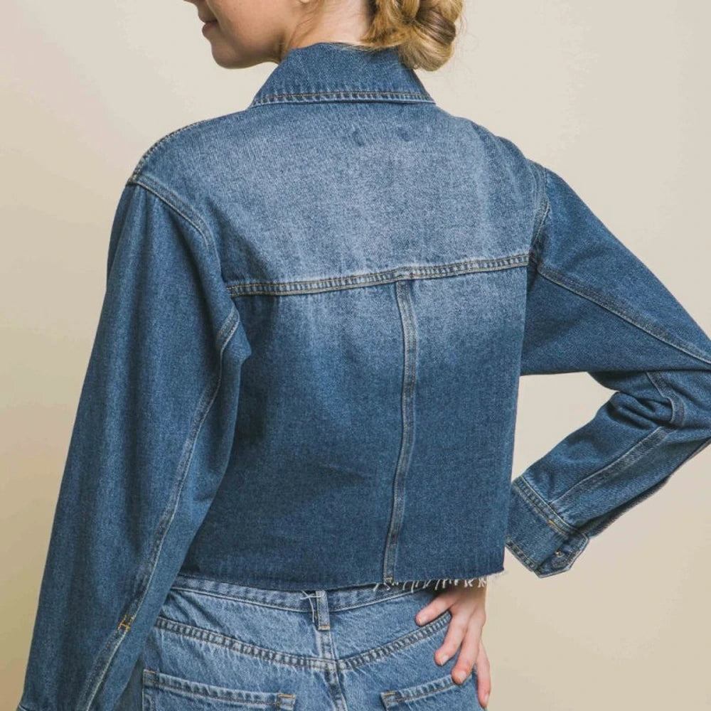 Cropped Denim Jacket with Raw Hem