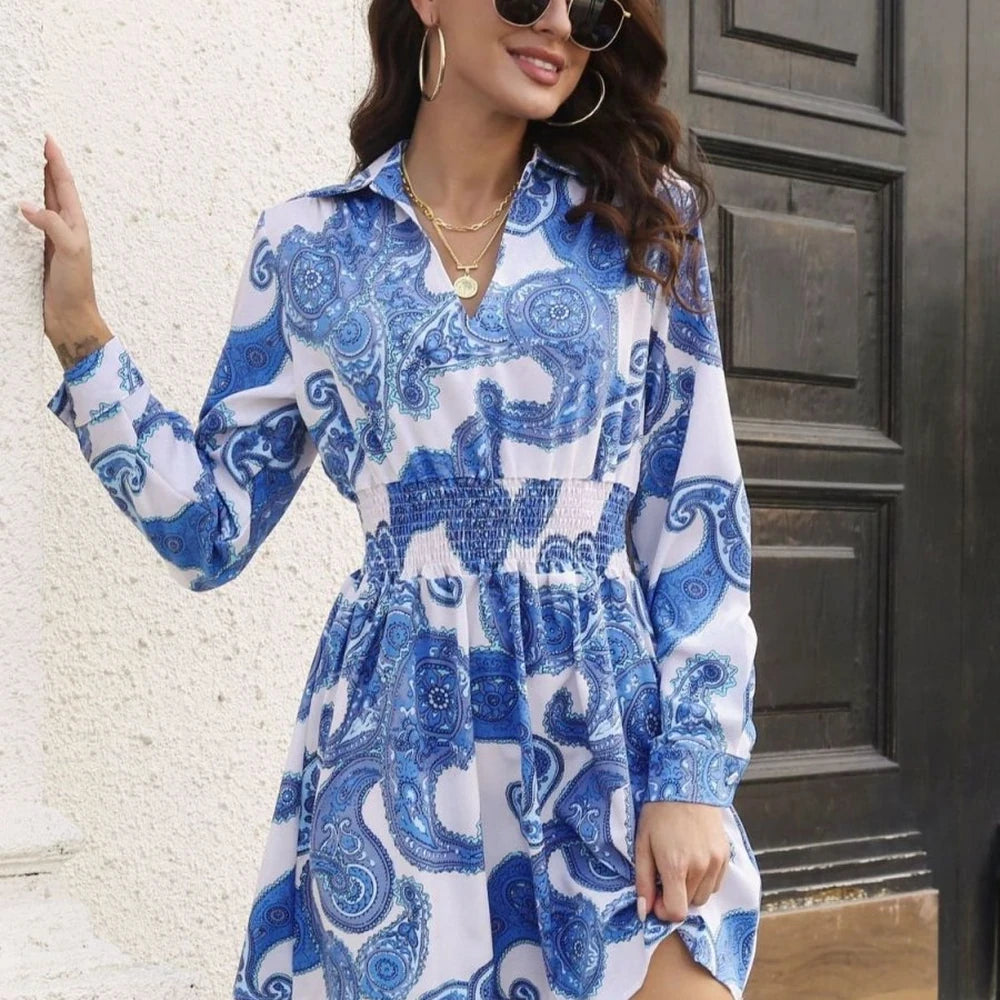 Paisley Print Smocked Collar Dress