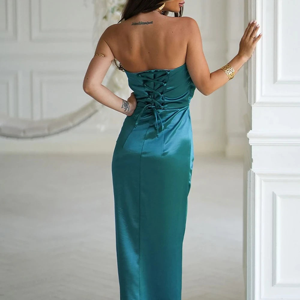 Strapless Satin Maxi Dress with Rose Detail