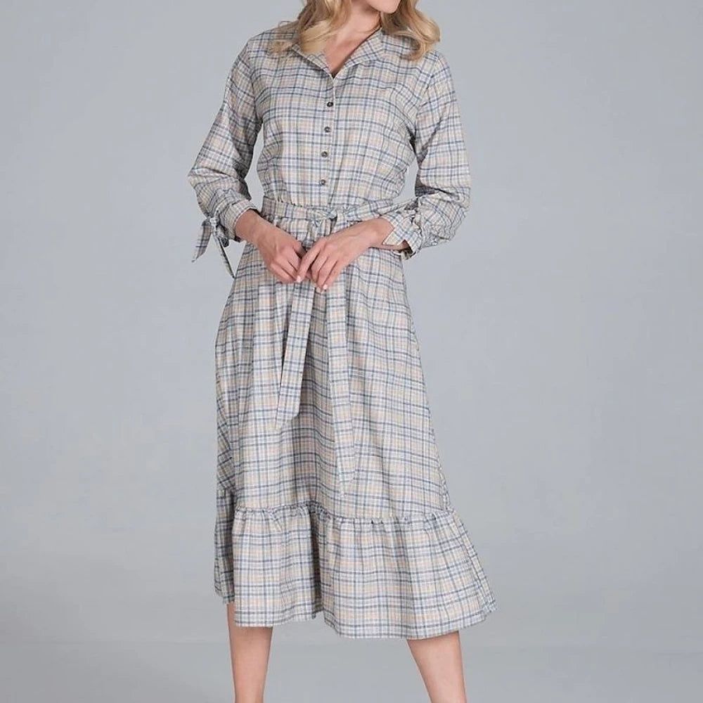 Maxi Dress Ruffle Hem V-Neck Buttoned
