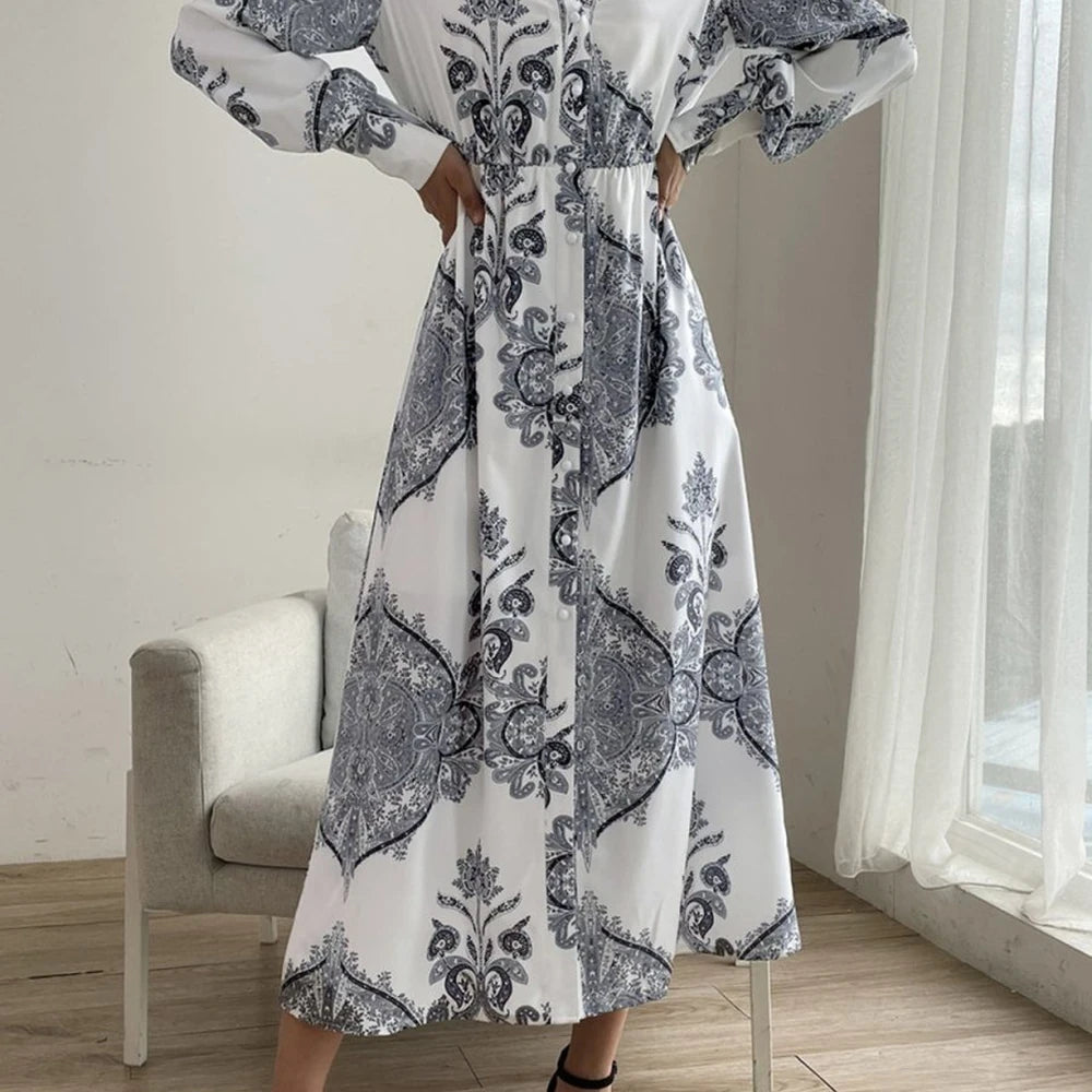 Printed Midi Dress with Lantern Sleeves