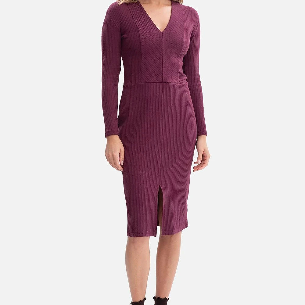 Ribbed Midi Dress with V-Neck and Front Slit