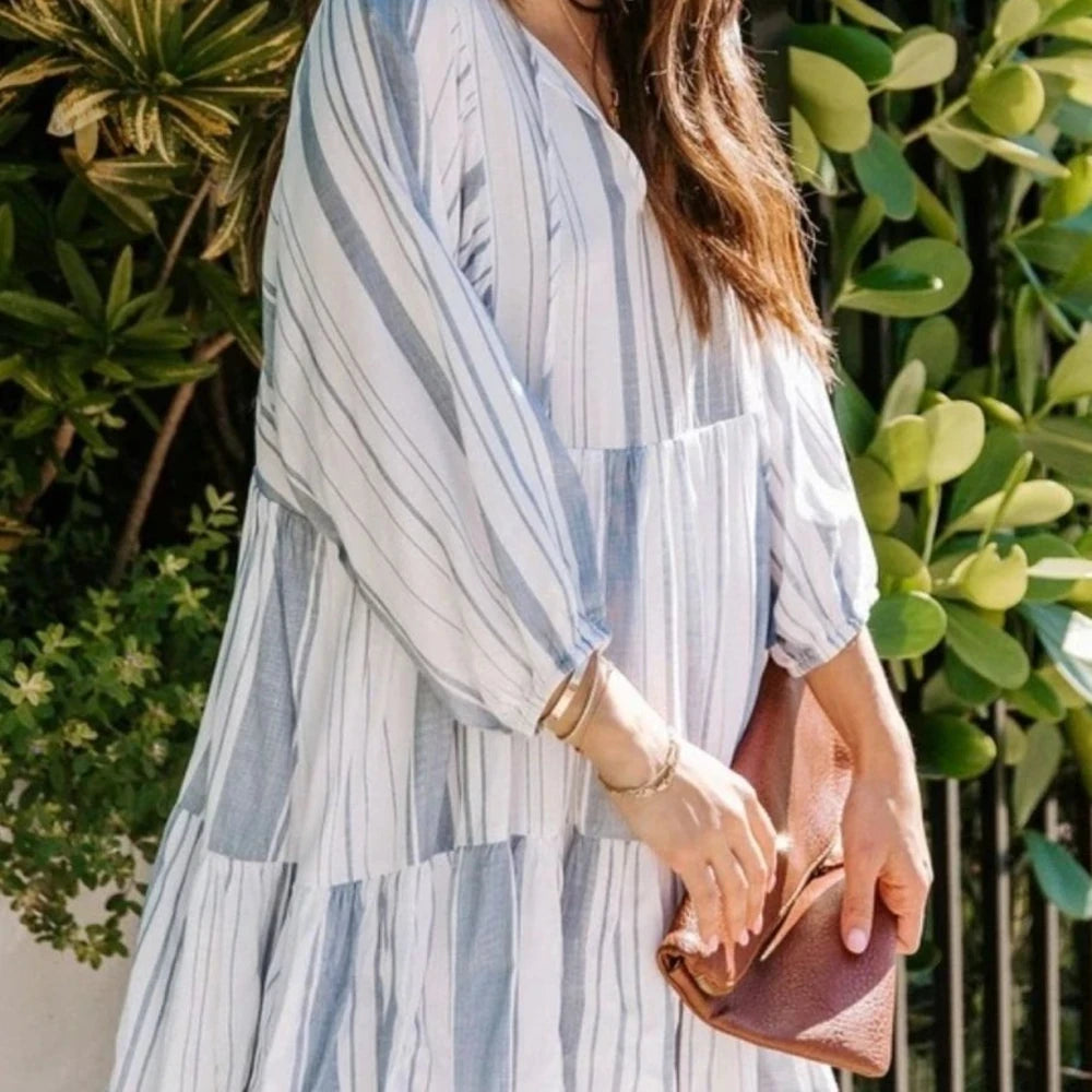 Striped Tie Neck Batwing Sleeve Dress