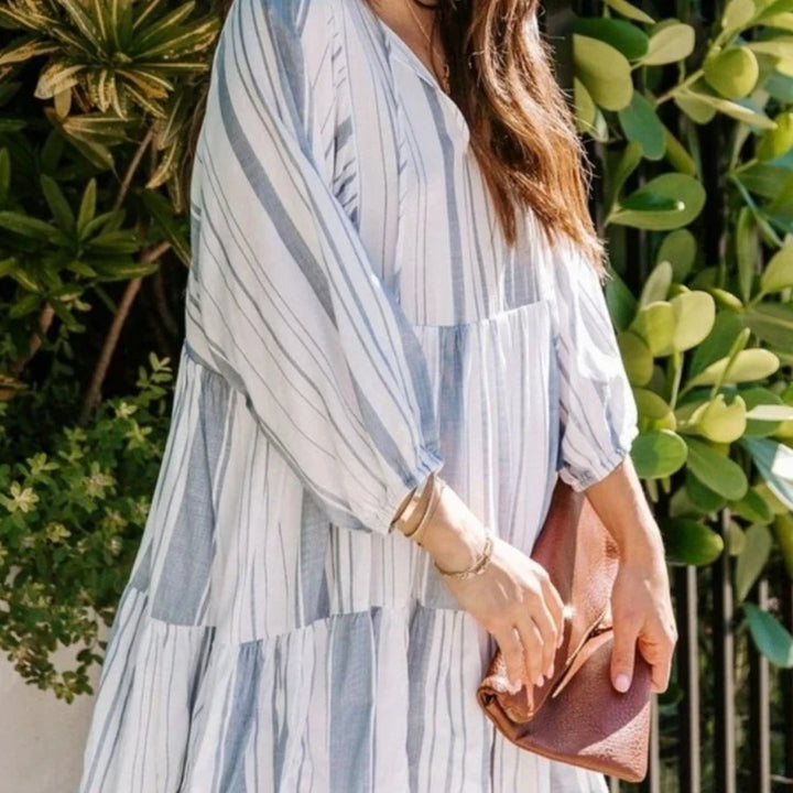 Striped Tie Neck Batwing Sleeve Dress