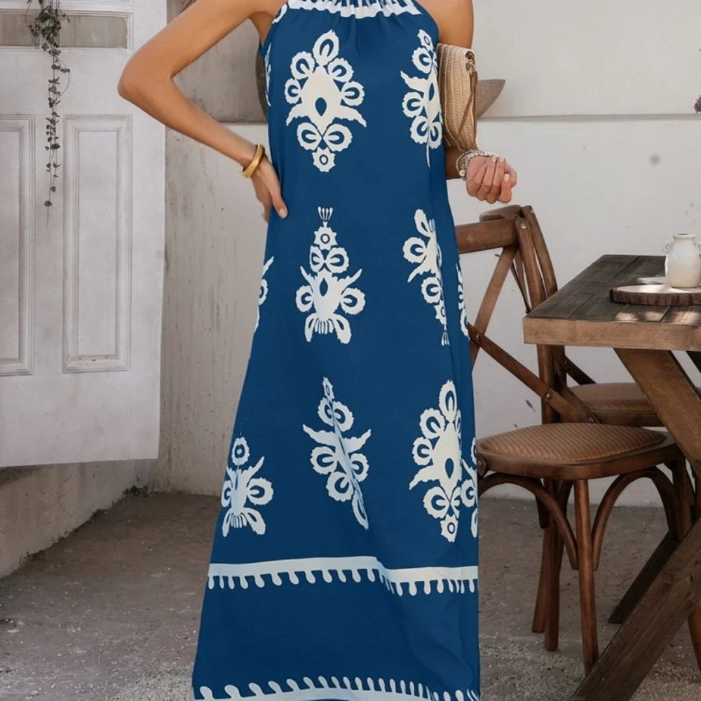 Printed Maxi Dress with Grecian Neck