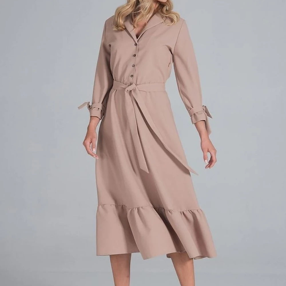 Maxi Dress Ruffle Hem V-Neck Buttoned