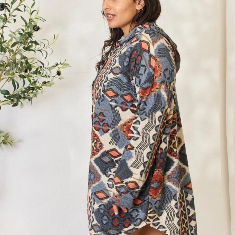 Printed Button Up Hooded Jacket