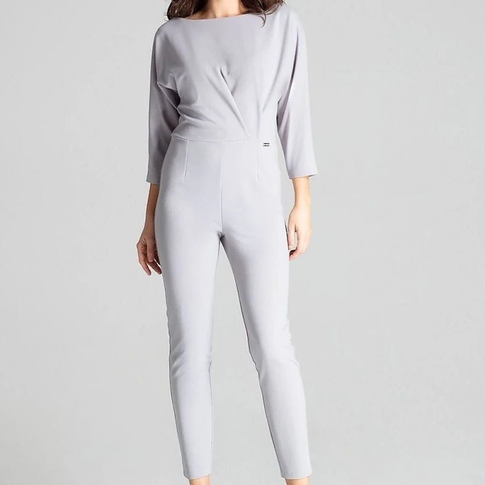 3/4 Sleeve Jumpsuit with Asymmetrical Pleats
