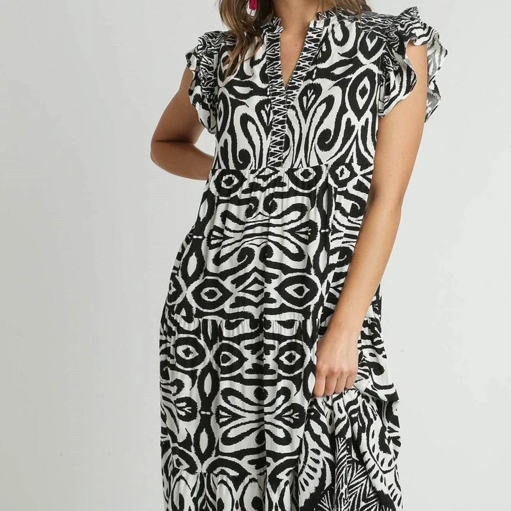 Umgee Two Tone Border Print Midi Dress