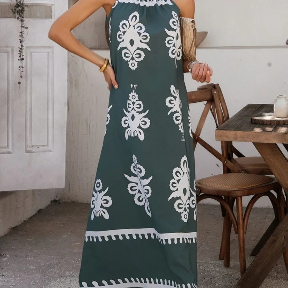 Printed Maxi Dress with Grecian Neck