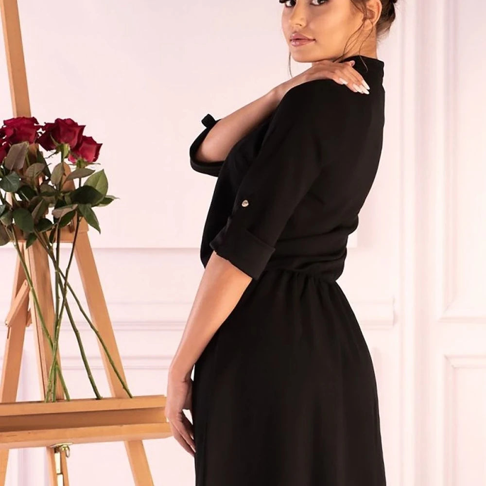 Black Lace Trimmed Button Dress