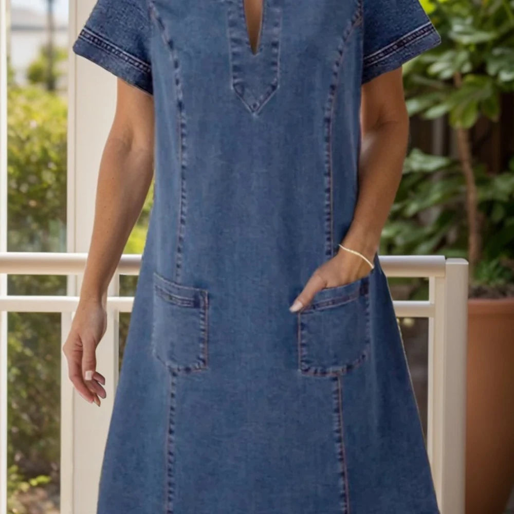 Denim Dress with Notched Collar - Dusty Blue