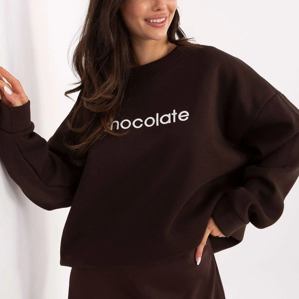 Brown Cotton Spandex Sweatshirt with Embroidery