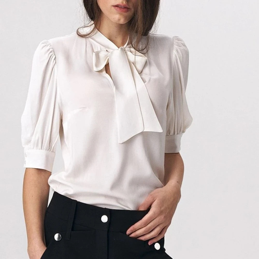 Brown Viscose Blouse with Tie Neck