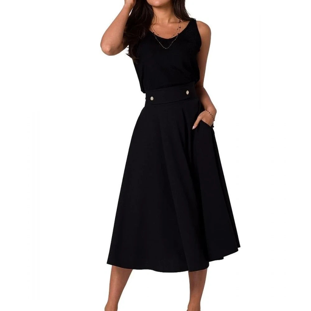 High Waist Flared Midi Skirt with Buttons