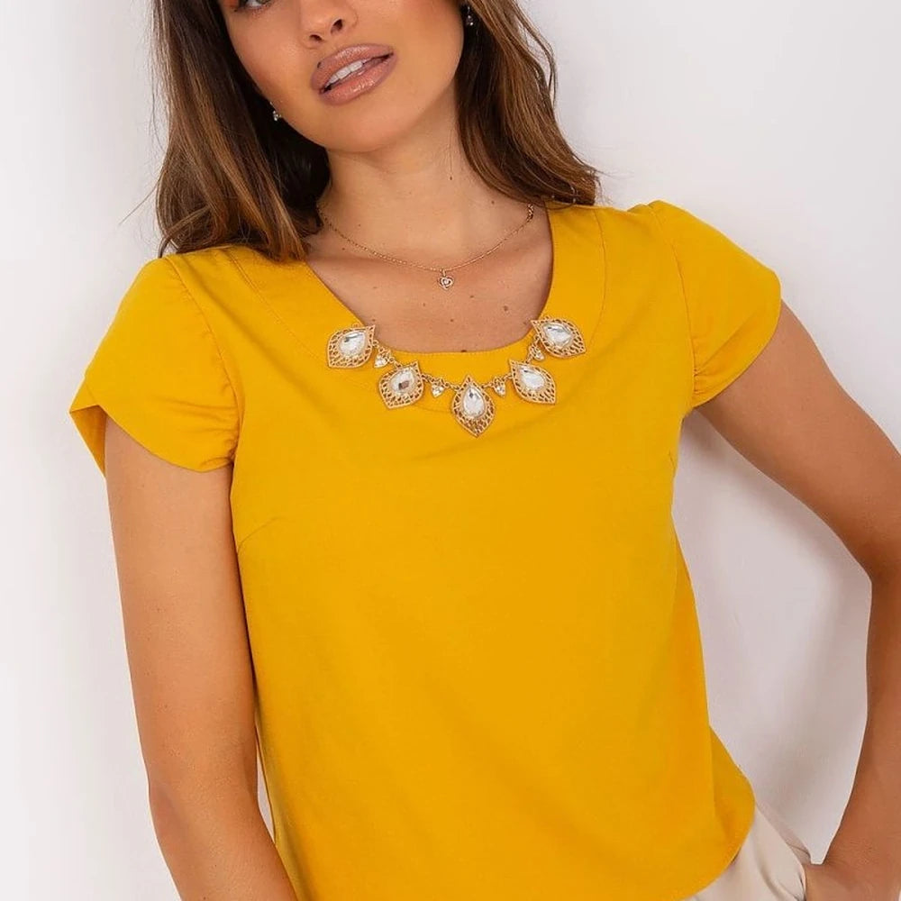Embellished Cotton Short Sleeve Blouse