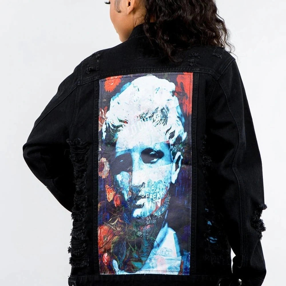 Distressed Black Denim Jacket - Cotton Blend
