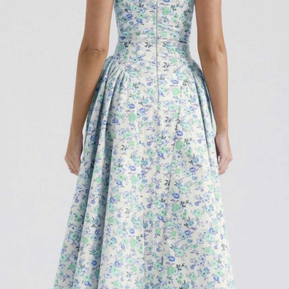 Floral Midi Dress Square Neck Wide Straps